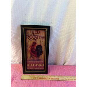 Rooster red wall decor Framed Farm House Style 6.5"x12"